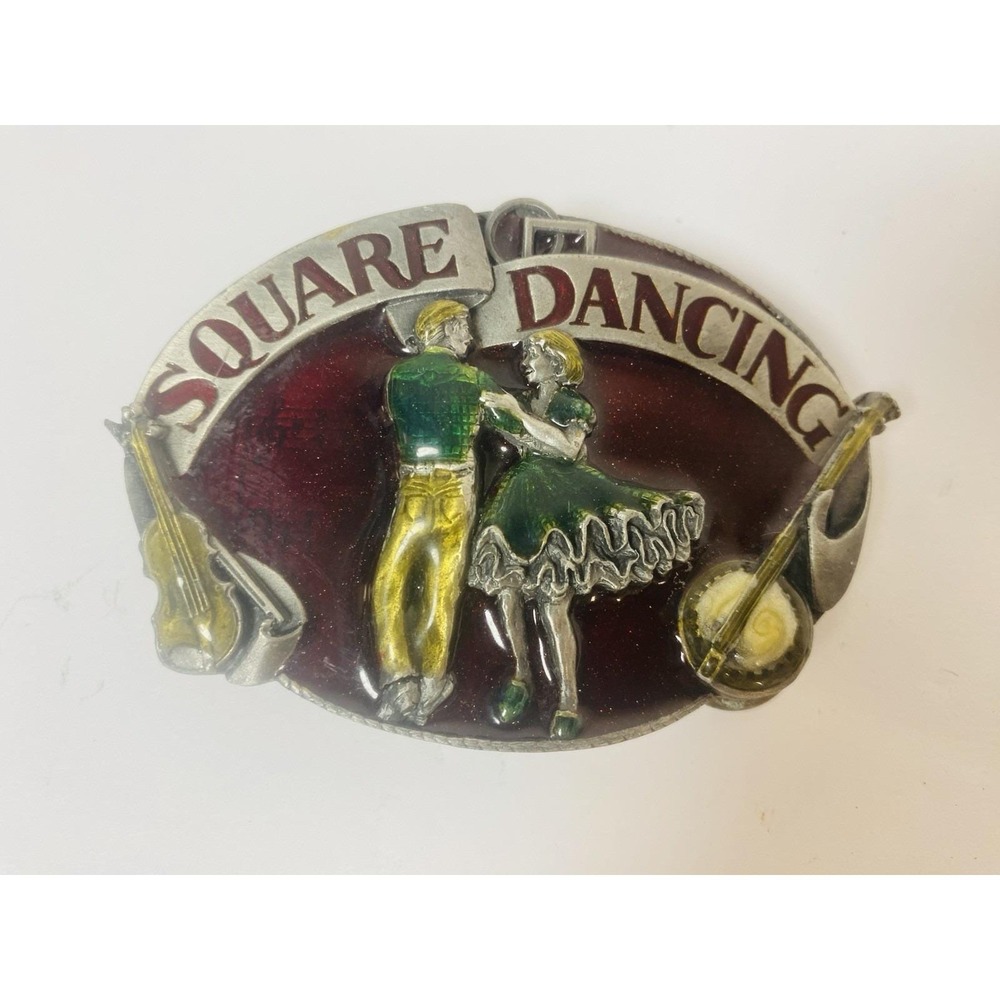 Square Dancing Pewter And Enameled Belt Buckle 1986 Siskiyou Banjo‎ Violin